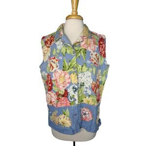 SHAVER LAKE Floral Linen Blend Sleeveless Button Up Top Size 1X Beaded Blue Pink